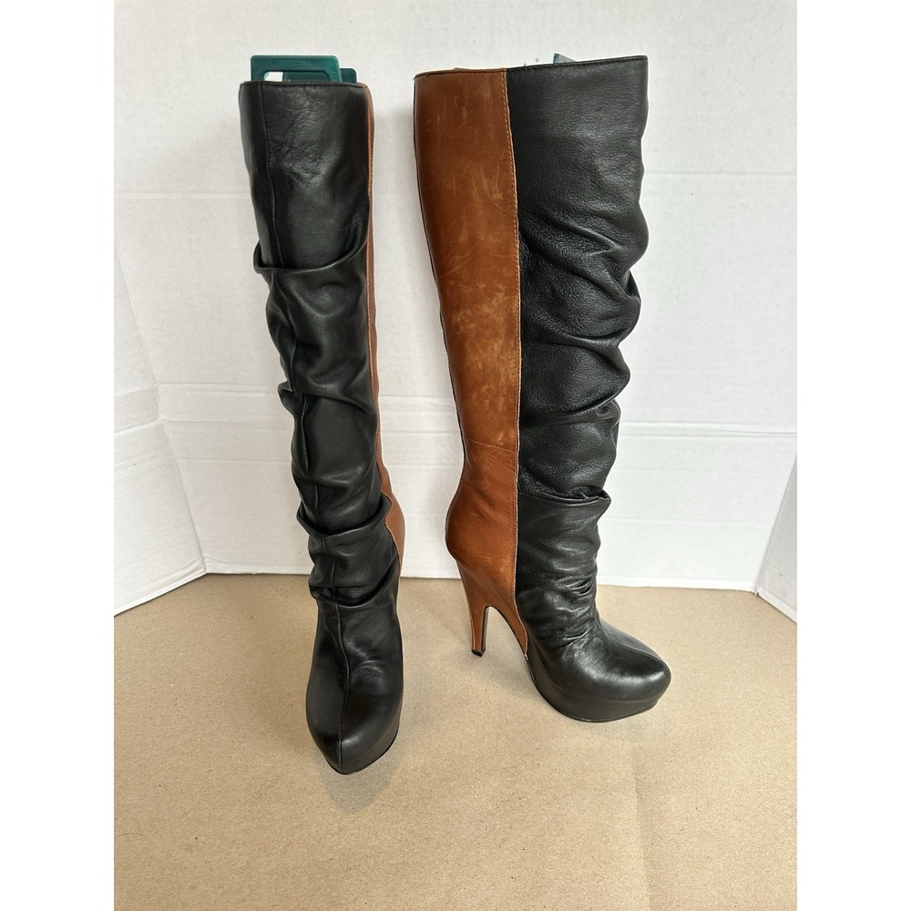 VTG Donald Pliner Jayla Women's Leather Boots Black And Brown Knee High Heel 6.5 - Picture 2 of 8
